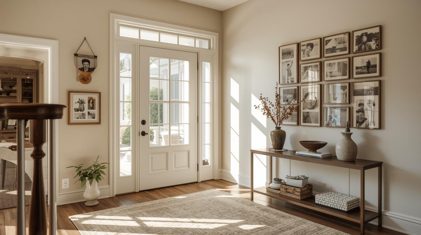 Entryway family photo walls above a wooden console table