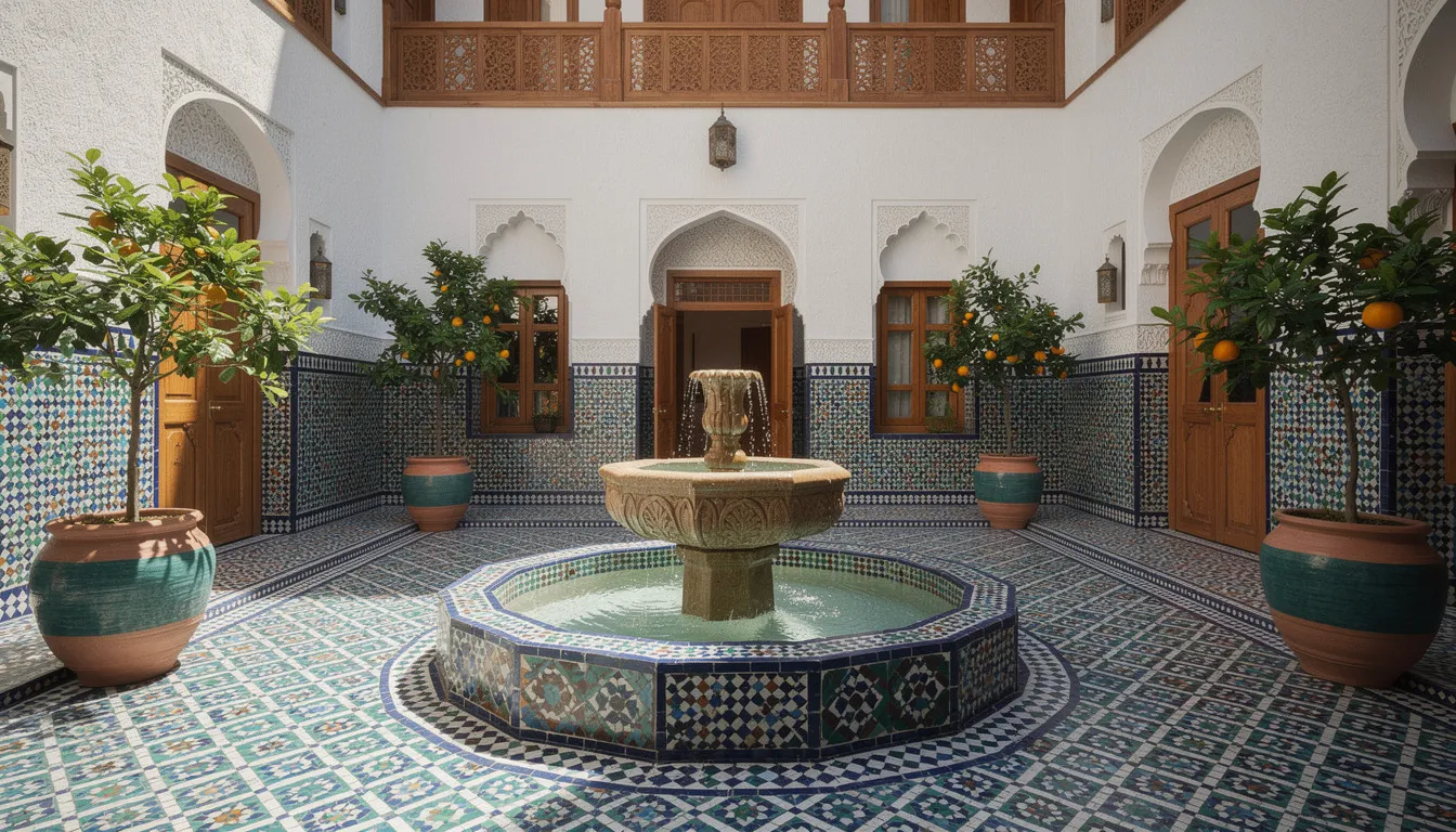 The image depicts a traditional Moroccan riad courtyard featuring vibrant tile work, a central fountain, and lush potted plants, creating a serene and relaxed atmosphere that is characteristic of Moroccan architecture. This picturesque setting is often found in the old city areas of major cities in Morocco, making it a popular destination for visitors exploring the rich culture and history of North Africa.