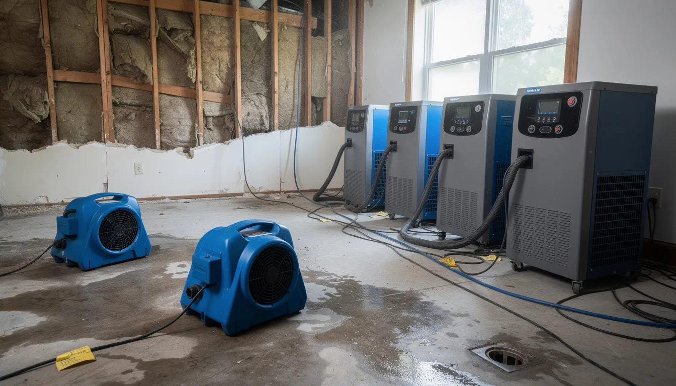 The image shows industrial dehumidifiers and air movers strategically placed in a water-damaged room, revealing exposed wall cavities that indicate extensive water damage. This setup is essential for effective water damage restoration, helping to mitigate further damage and prepare the space for restoration services.