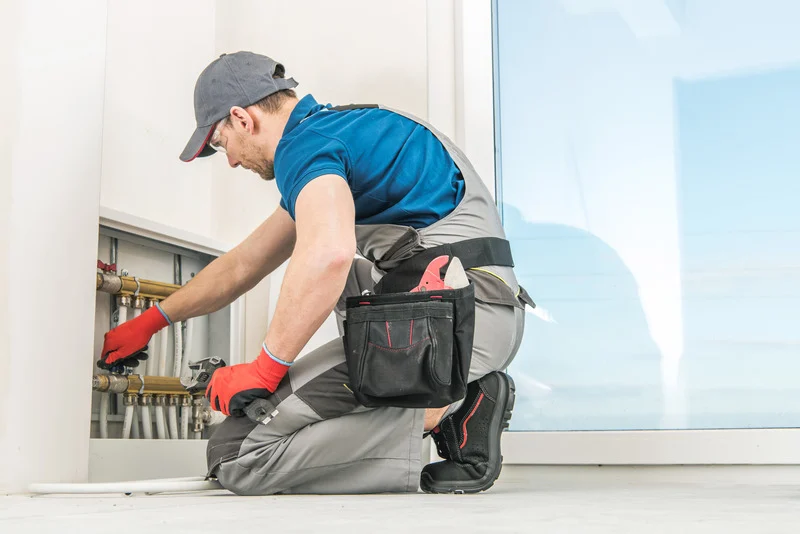 Ein Handwerker arbeitet kniend an Heizungsrohren.
