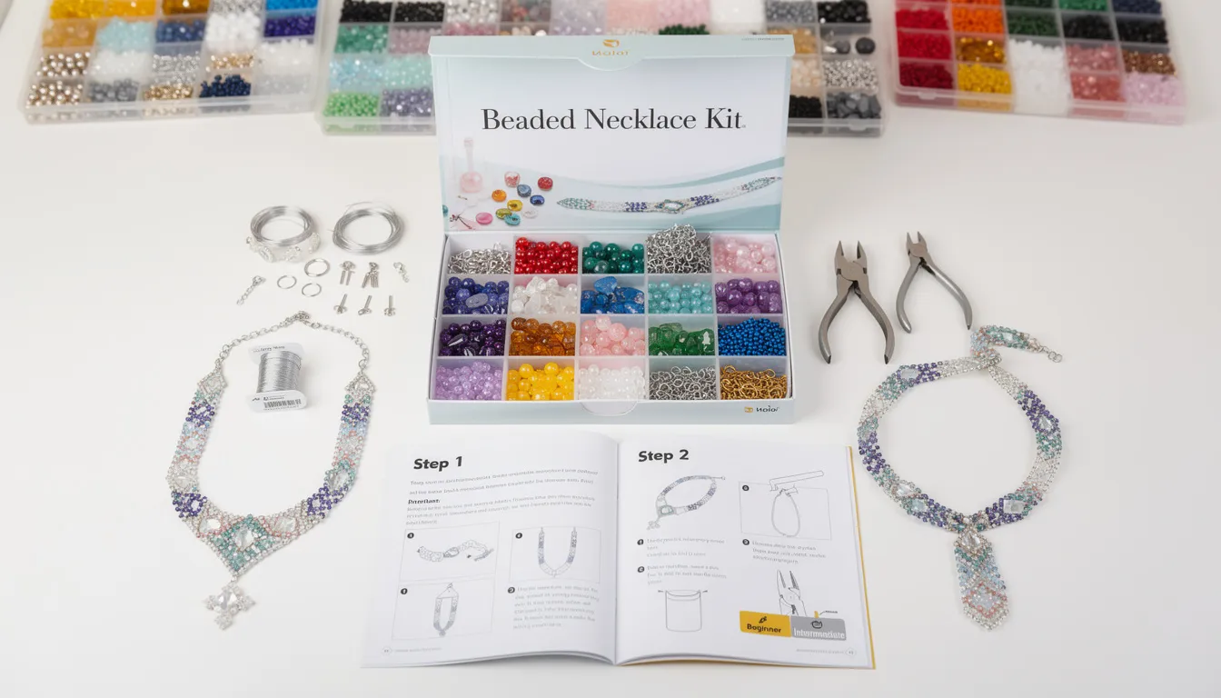The image showcases a beaded necklace kit, featuring an extensive range of colorful beads, findings, and materials neatly organized in a box. Accompanying the kit are easy-to-follow instructions, making it perfect for beginners and those looking to enhance their jewellery making skills at home.