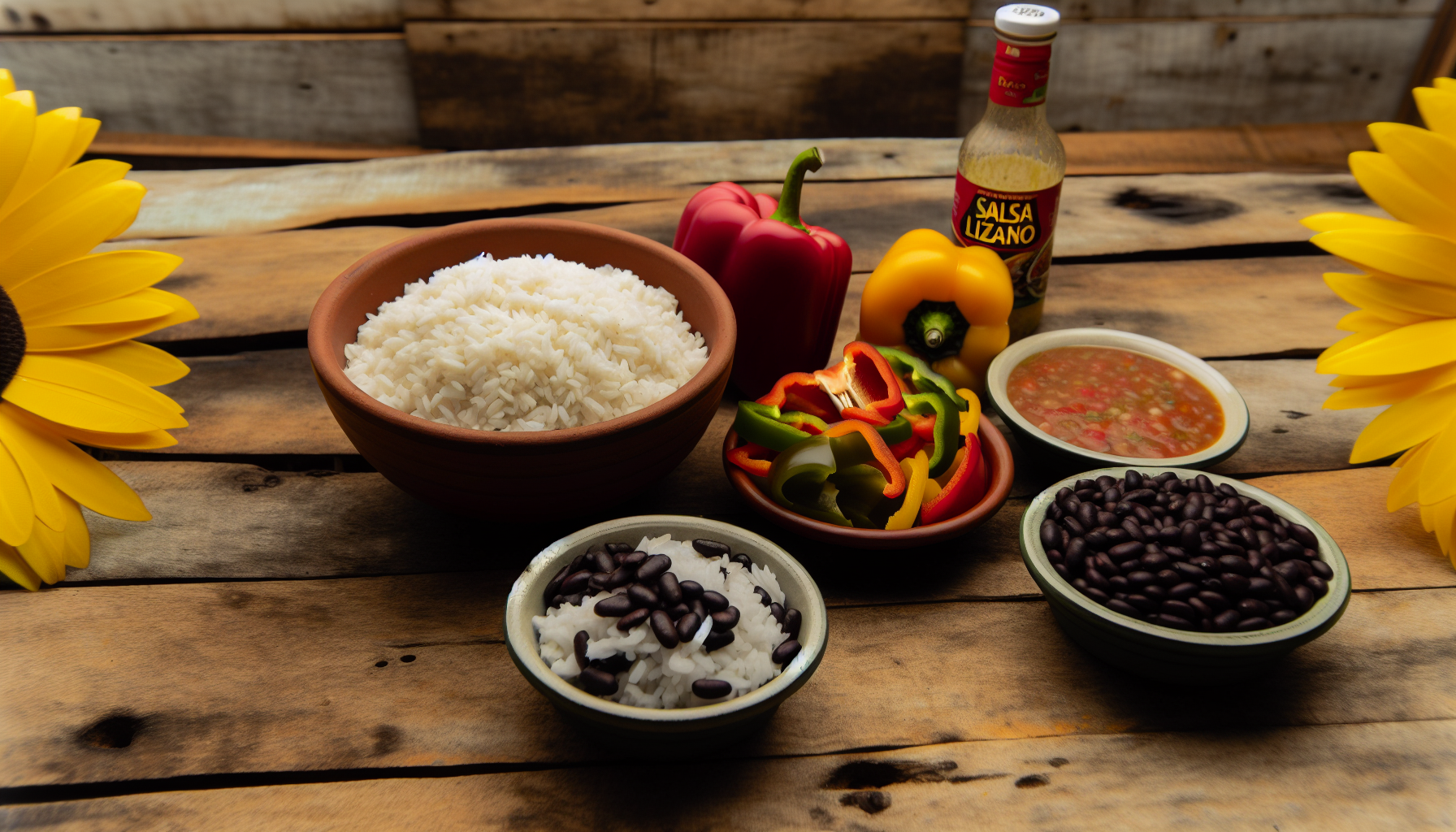 Ingredients for Gallo Pinto spread out on a wooden table