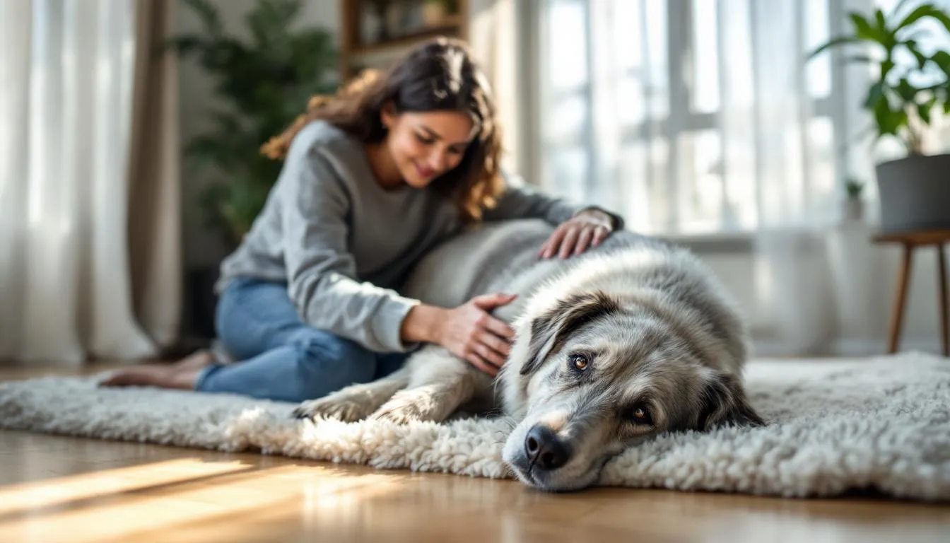 In a serene home environment, an owner gently comforts their elderly dog, who shows signs of cognitive dysfunction syndrome, a common condition in senior dogs. The scene captures the bond between them, highlighting the importance of companionship and care for dogs experiencing cognitive decline.