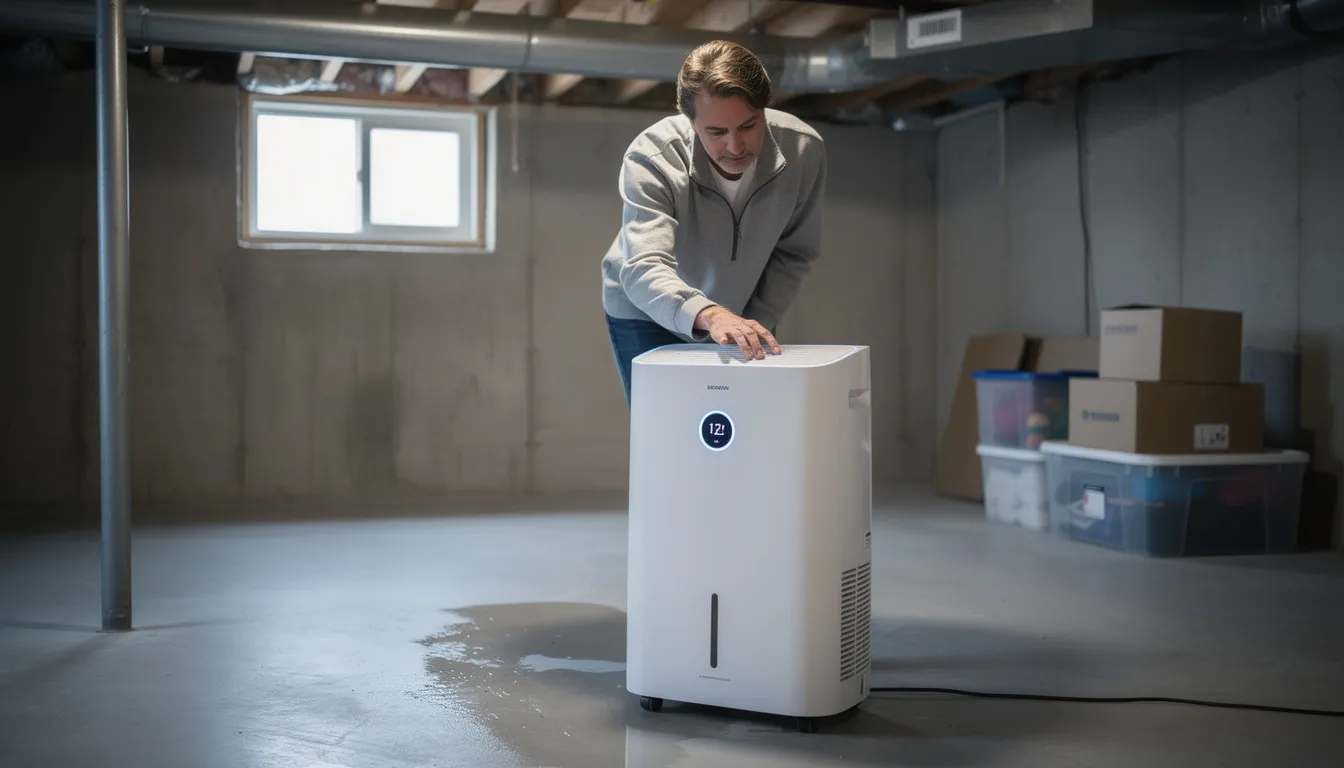 A person is seen adjusting a dehumidifier in a basement room with concrete floors, aiming to control moisture levels and prevent springtail infestations in this damp environment. The setting suggests a focus on managing excess moisture, which can attract nuisance pests like springtails, commonly found in moist indoor areas.