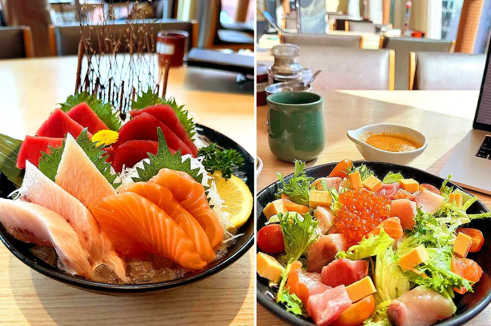Japanese sashimi platter and seafood salad featuring salmon, tuna, prawns, ikura, and fresh vegetables at Sushi Tei Orchard