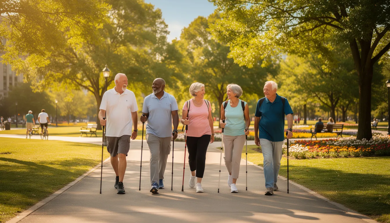 A group of older adults enjoys a healthy lifestyle as they walk together through a sunlit park filled with vibrant greenery, highlighting the importance of active living for healthy aging and longevity. Their cheerful interaction emphasizes the connection between physical activity and overall health outcomes, promoting cognitive health and reducing the risk of chronic diseases.