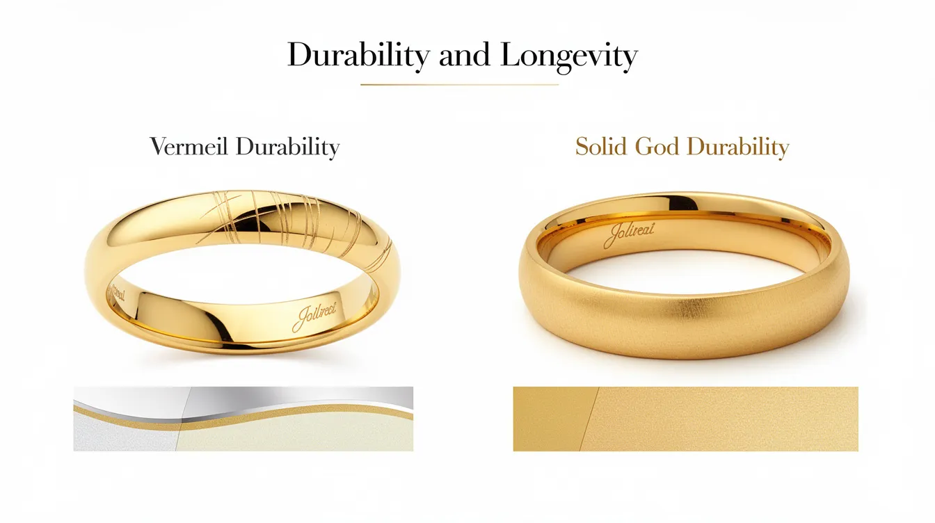The image showcases a comparison between gold vermeil and solid gold jewellery, highlighting the durability and longevity of each type. It features gold plated pieces alongside solid gold items, emphasizing their suitability for everyday wear and personal style.