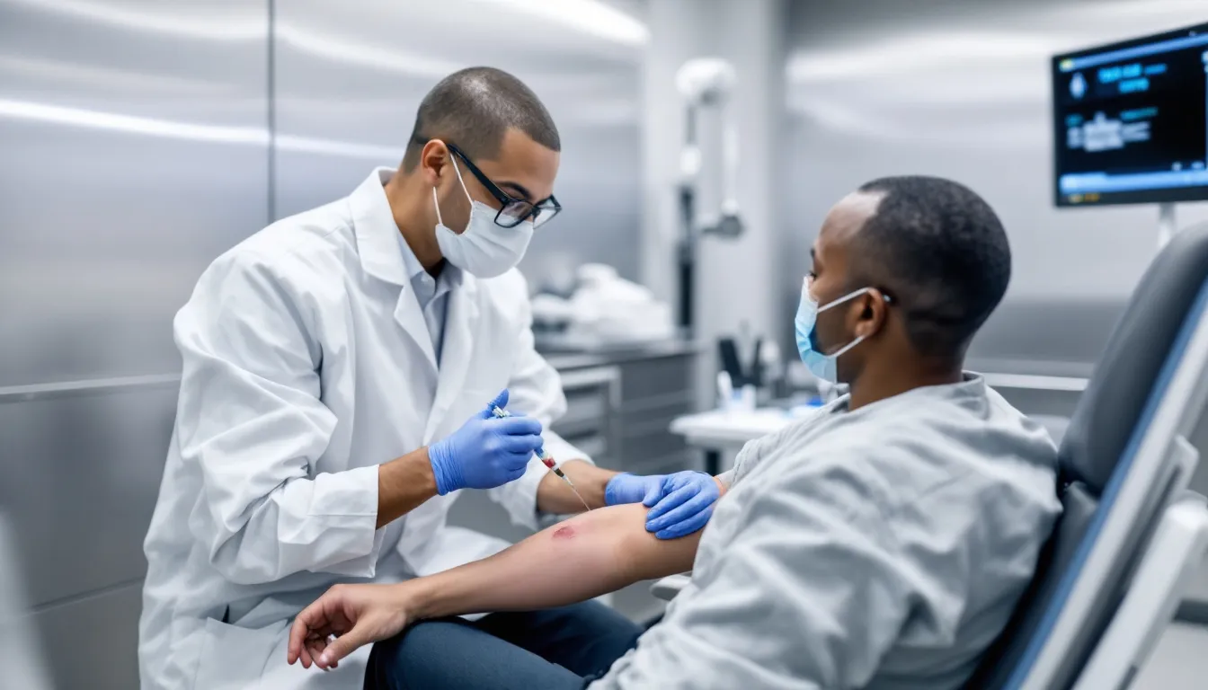 In a modern clinical setting, a healthcare professional, dressed in scrubs, is carefully drawing blood from a patient seated in a chair, emphasizing the importance of phlebotomy in specimen collection and laboratory testing. This scene highlights the practical experience gained through a phlebotomy technician program, which prepares students for certification exams and career opportunities in clinical laboratory sciences.