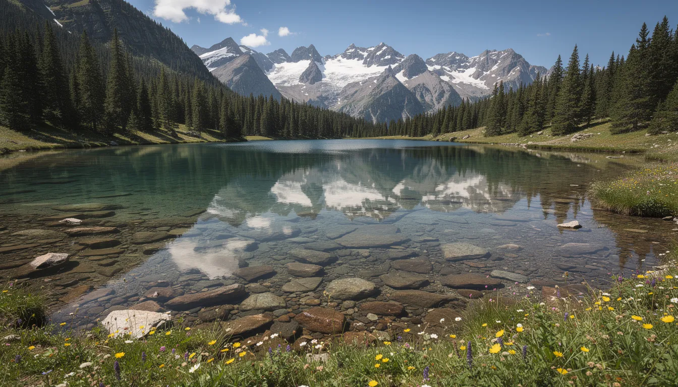 The image depicts a serene mountain lake nestled among vibrant alpine meadows and towering pine trees, creating a tranquil natural setting. This picturesque scene is ideal for outdoor enthusiasts seeking the best camping shower experience, whether it's a refreshing cold shower or a warm shower after a day of hiking.