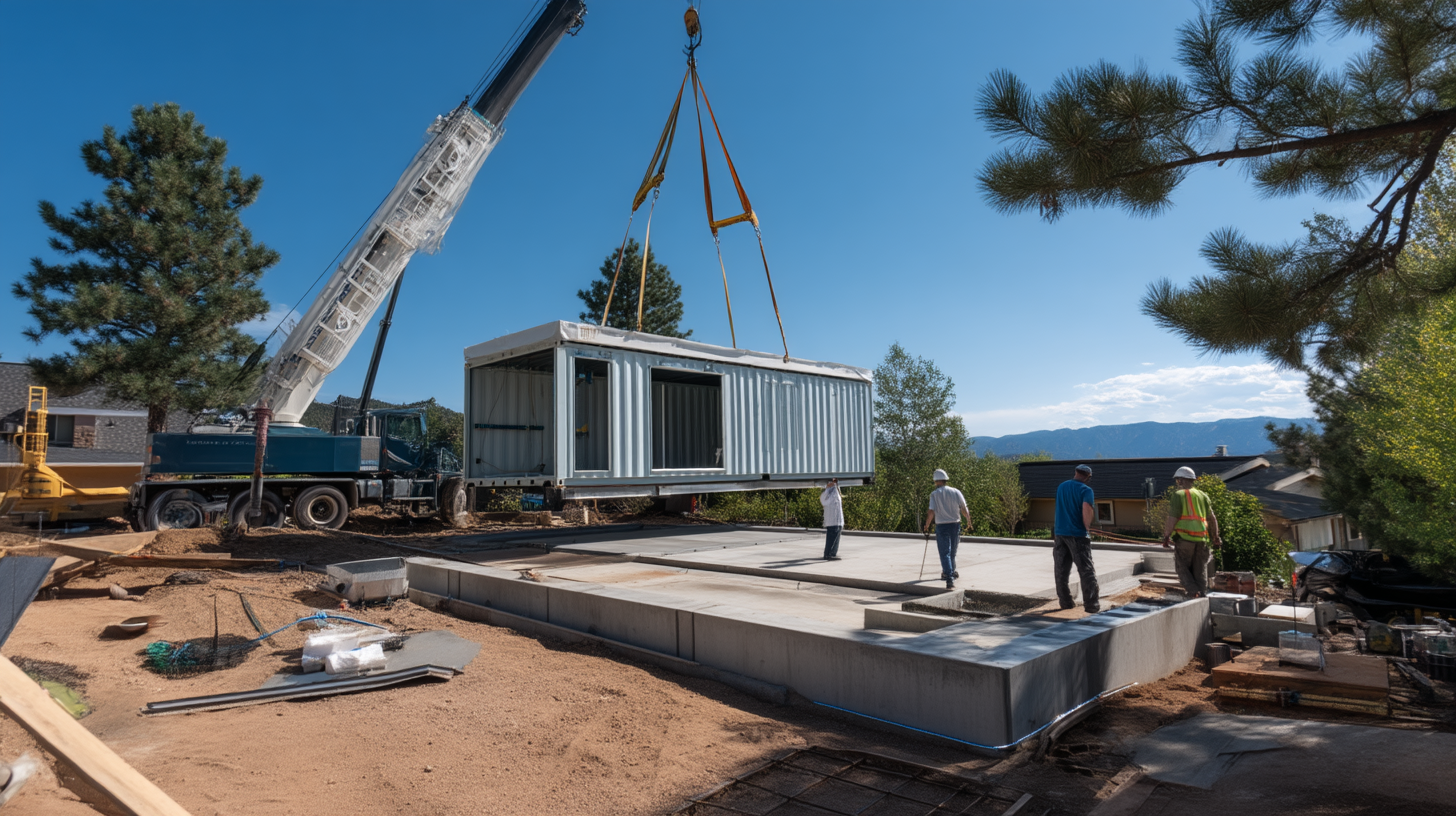 crane placing shipping container garage