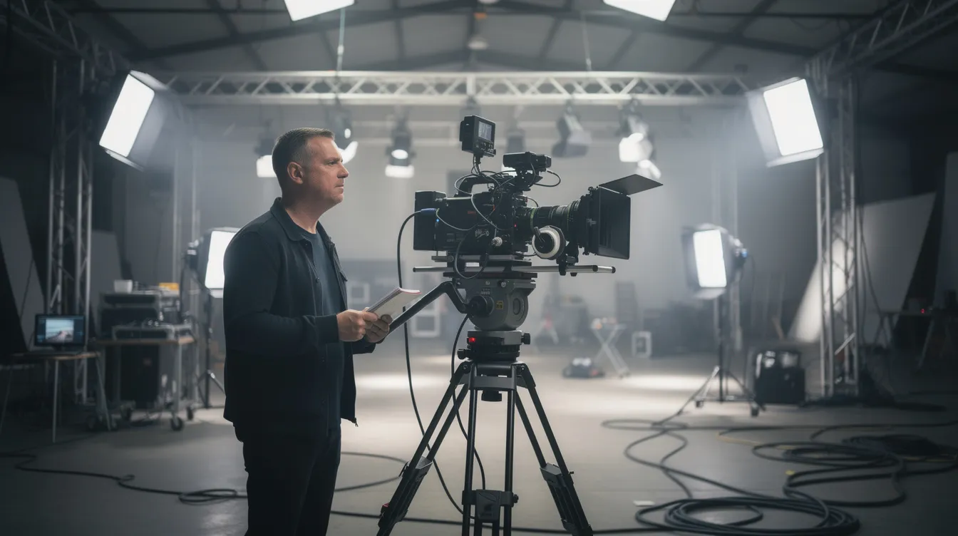 Ein Regisseur mit kurzen Haaren steht neben einer großen Filmkamera auf einem Set, das mit industrieller Beleuchtung ausgestattet ist. Die Szene vermittelt ein Gefühl von Kreativität und Filmproduktion, während der Regisseur bereit ist, seine Vision für einen neuen Science-Fiction-Film zu verwirklichen.