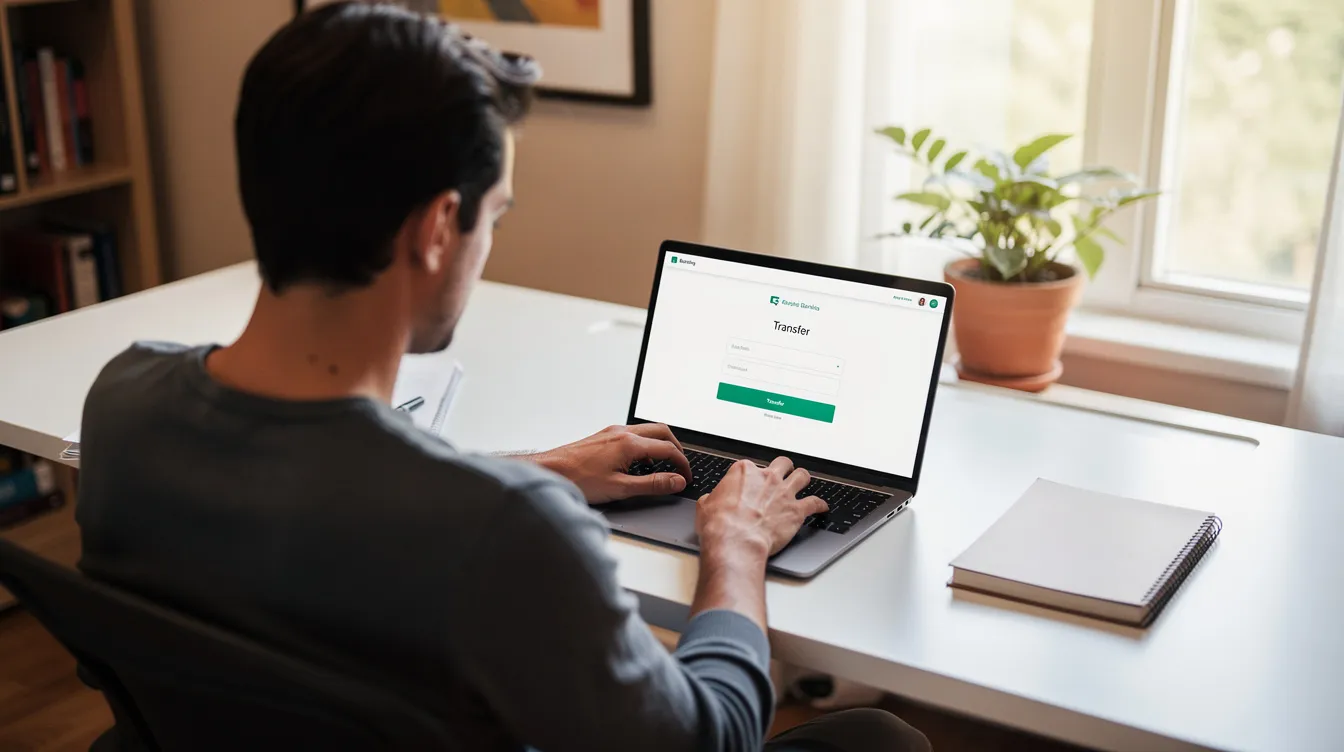 A person is seated at a desk in a well-lit home office, focused on completing a money transfer via a laptop. The scene reflects the convenience of digital payments, emphasizing the importance of financial inclusion and operational efficiency in today's digital transformation landscape.