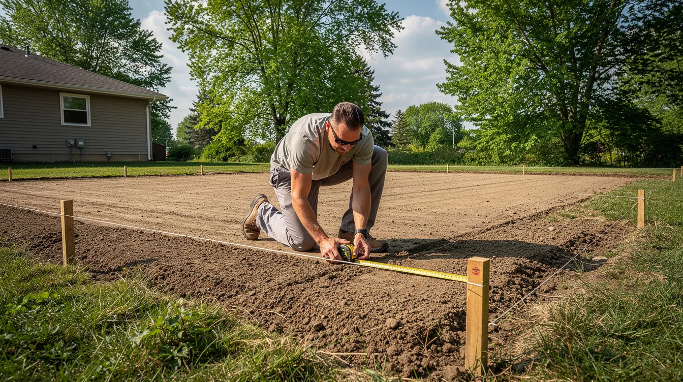A person is measuring the dimensions of a dirt area designated for a new gravel driveway in a residential yard, with trees visible in the background. The project will likely involve materials such as crushed stone or gravel mix for installation.