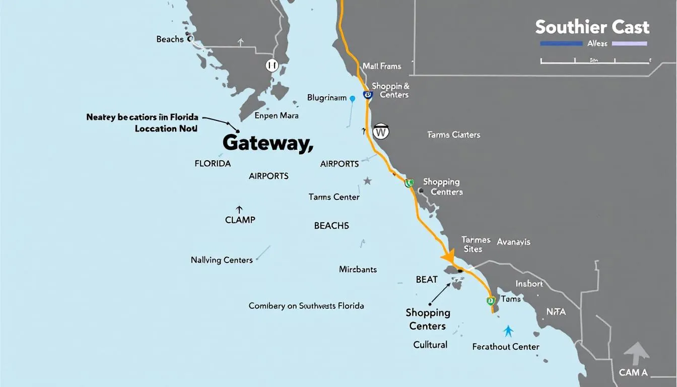 The image depicts a strategic location map of Gateway, showcasing its proximity to beaches, airports, shopping centers, and major attractions in Southwest Florida. This map highlights the convenient access to popular community amenities like the Gateway Fun Park, golf courses, and fitness centers, making it an ideal area for residents seeking single-family homes and other gateway real estate options.