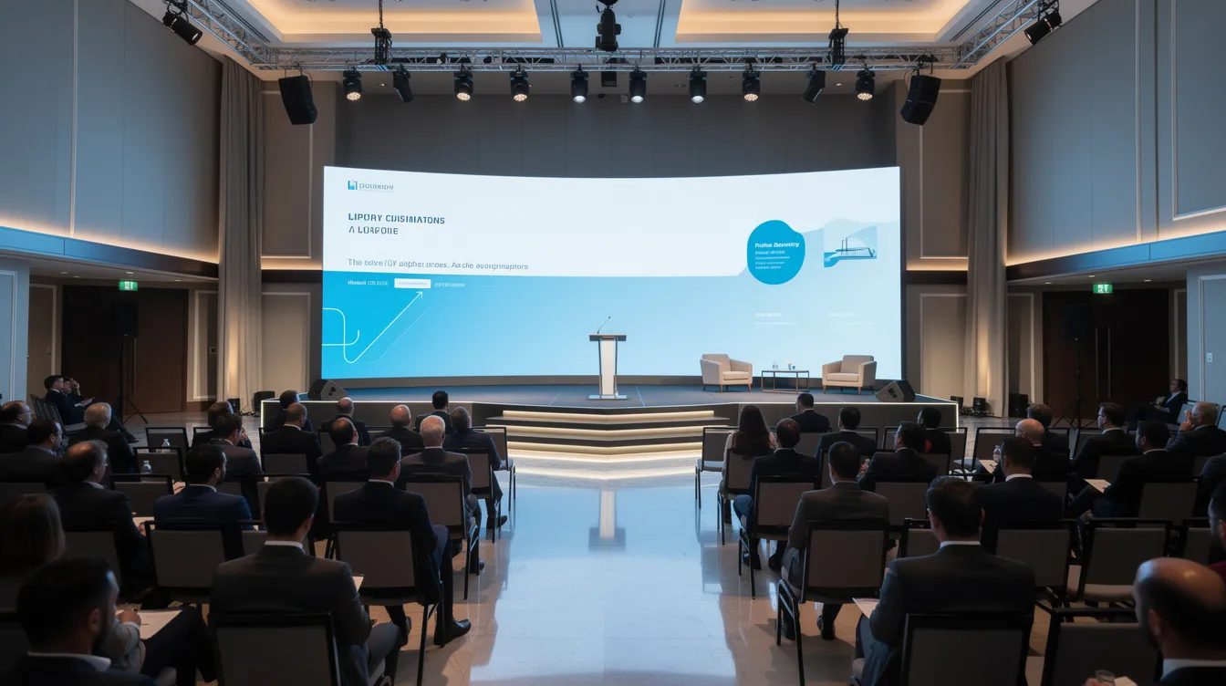 A large LED video wall brightly illuminates a corporate conference stage in a hotel ballroom, where rows of attendees are seated, engaged in the presentation. The high-resolution display showcases stunning visuals, making it an ideal solution for indoor events and corporate gatherings.