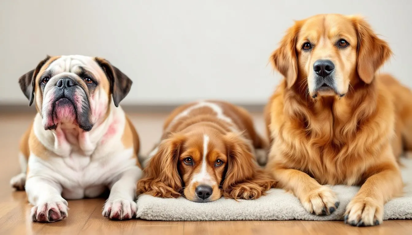 The image features a Bulldog, Cocker Spaniel, and Golden Retriever, highlighting dog breeds known for their susceptibility to yeast infections, particularly in their skin folds and ears. These breeds are often prone to developing yeast infections, which can lead to conditions like yeast dermatitis and ear infections if not properly managed.
