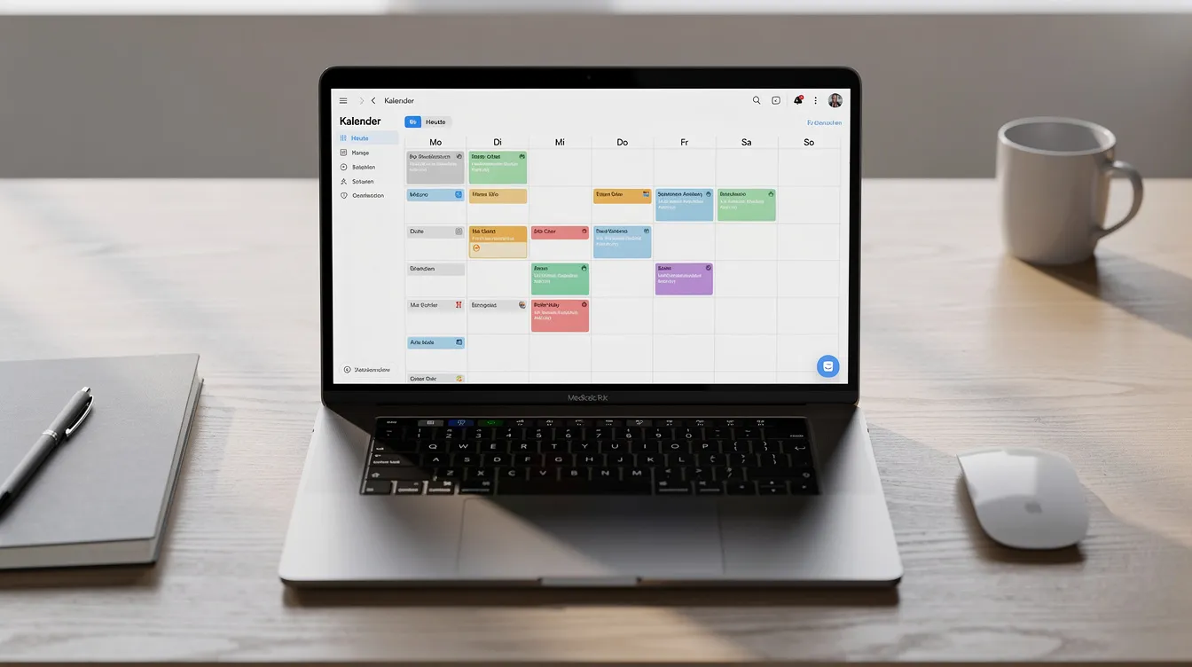 Ein Laptop steht auf einem Schreibtisch, auf dessen Bildschirm ein geöffneter Kalender zu sehen ist. Der Kalender könnte zur Verwaltung von Terminen und Patientenakten in einer Praxis verwendet werden, möglicherweise in Verbindung mit der Software von Terminheld.