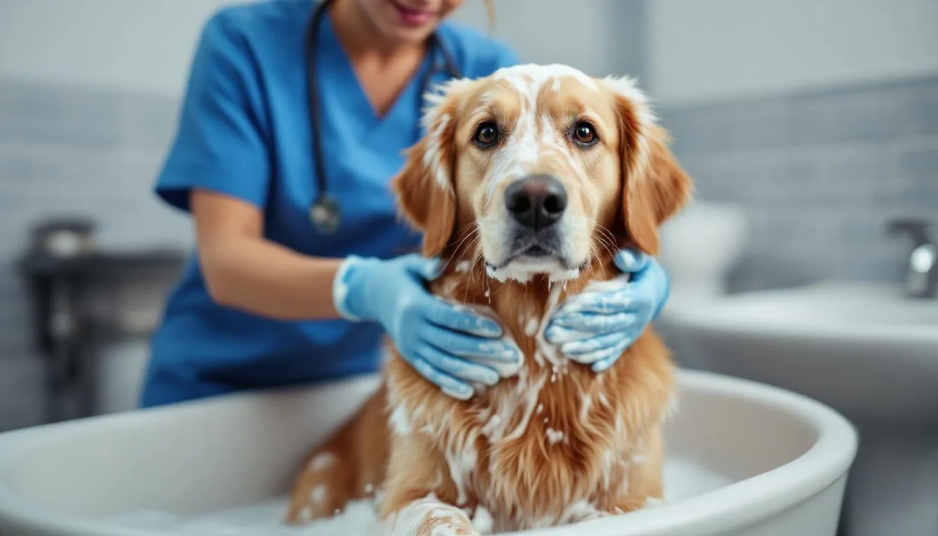 A veterinary technician is giving a dog a medicated bath treatment to address its skin problems, which may include inflamed skin, hair loss, and intense itching. The process aims to alleviate skin conditions and promote healthy skin through effective treatment options like medicated shampoos.