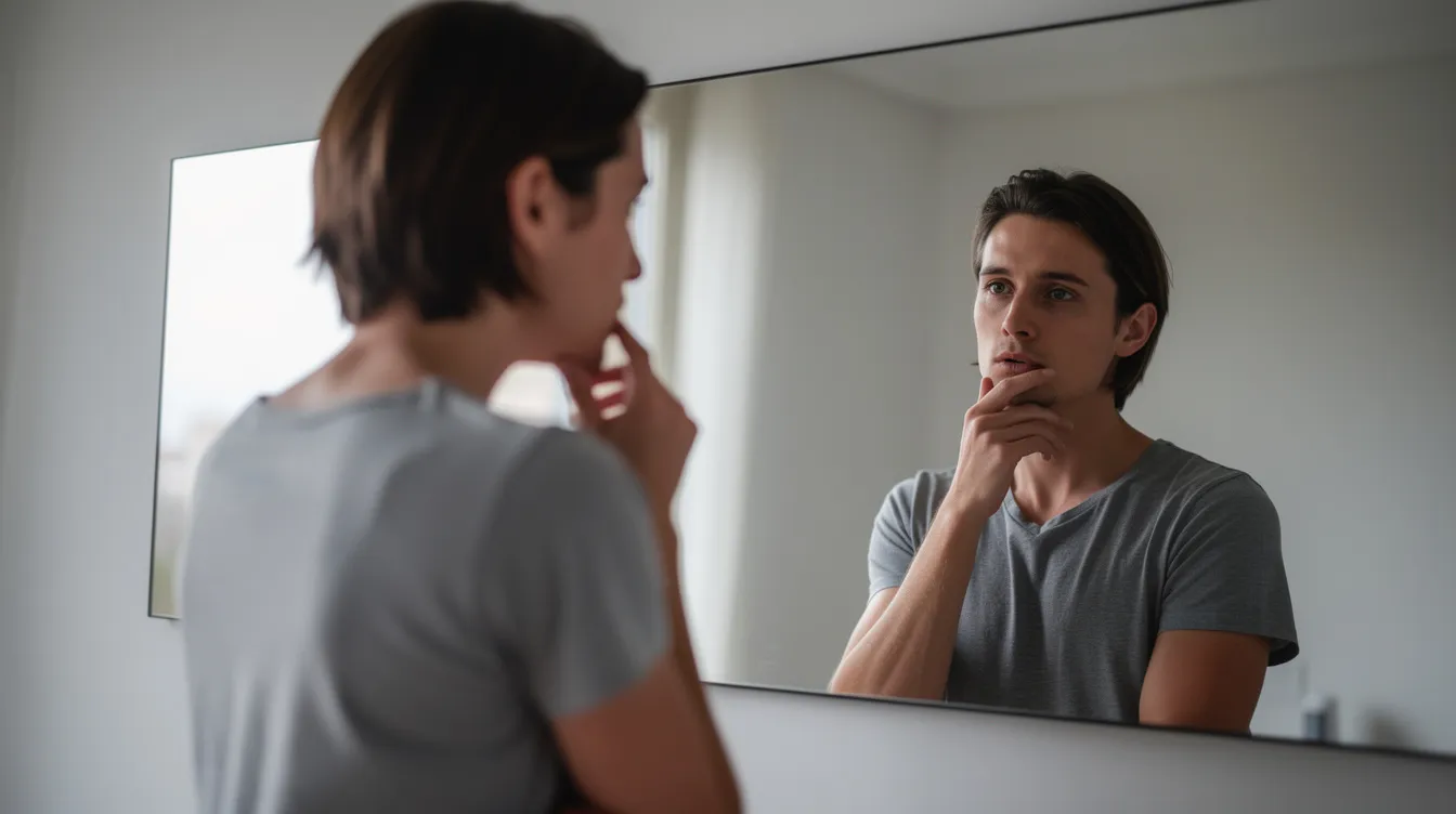 Une personne est en pose réfléchie, observant son reflet dans un miroir. Cette image évoque des thèmes liés à la couleur des yeux et au changement, suggérant une contemplation sur l'apparence et les techniques comme la kératopigmentation ou l'opération pour changer la couleur des yeux.