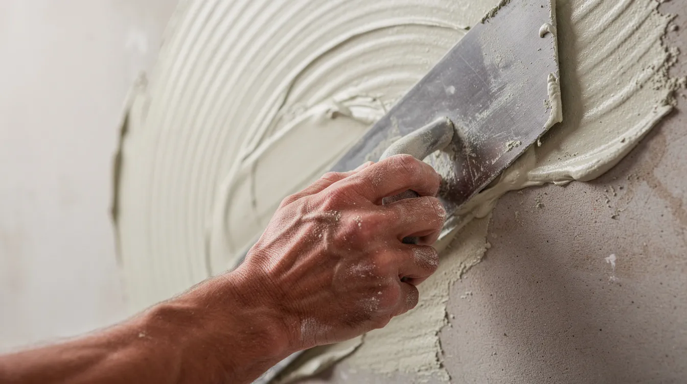 A close-up view captures a hand skillfully applying creamy lime plaster with a trowel onto a wall, revealing the smooth, mineral texture characteristic of venetian plaster finishes. The image highlights the meticulous process of creating a polished surface that embodies timeless beauty and elegance.