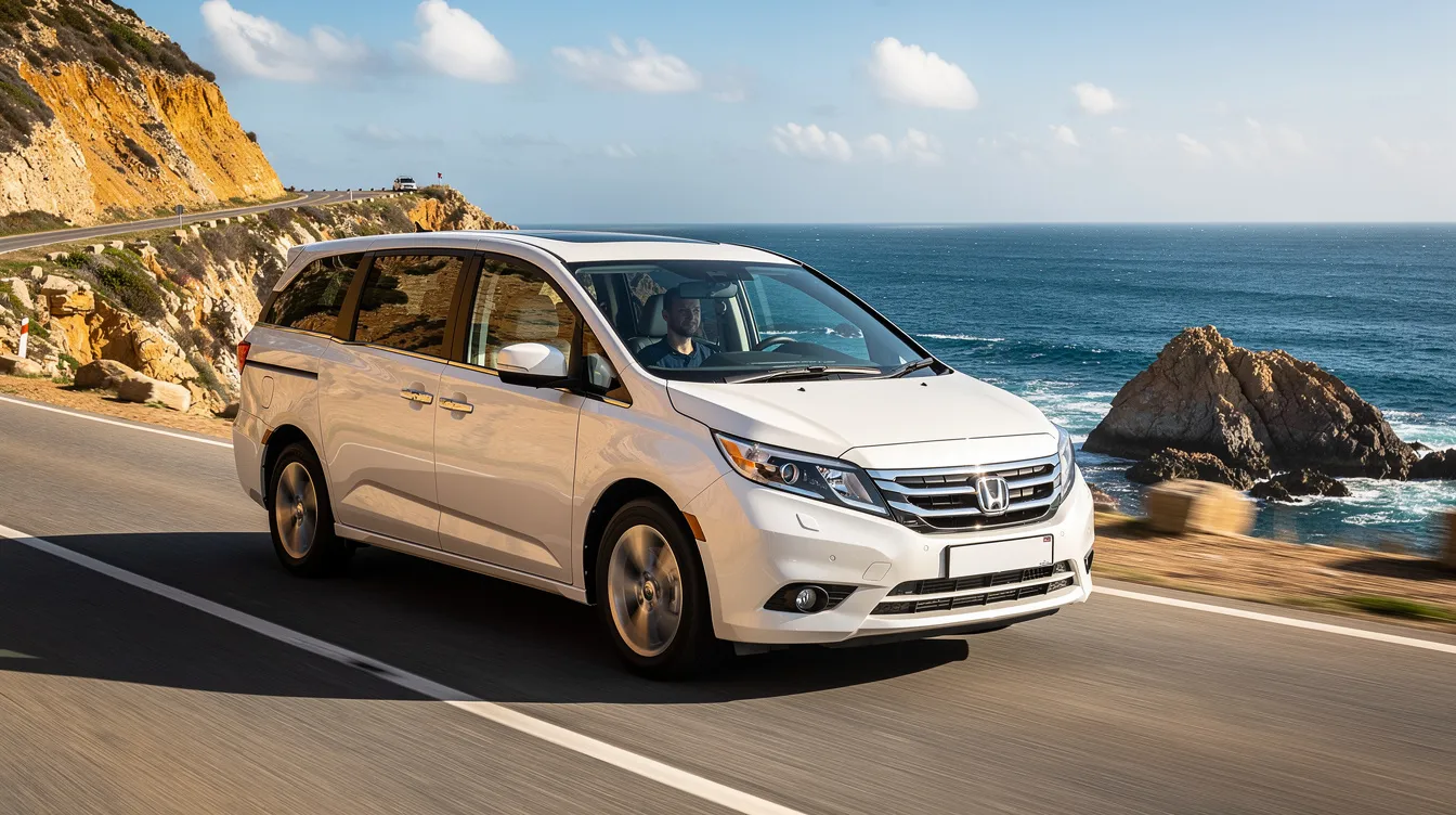 A comfortable white minivan is driving along a scenic coastal road, with the deep blue sea visible in the background, suggesting a pleasant journey from Milas Bodrum Airport to the city center. This image evokes a sense of relaxation and adventure, ideal for travelers heading to Bodrum.