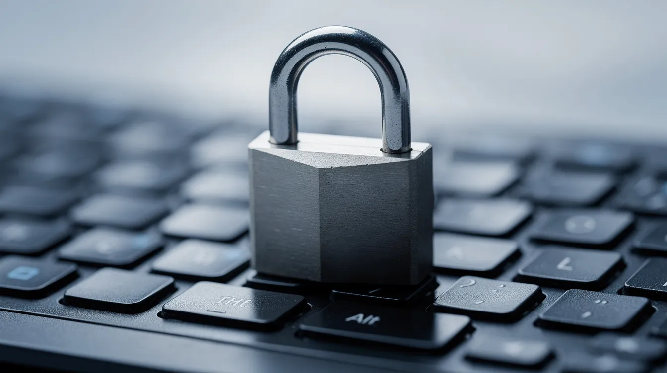 Die Nahaufnahme eines Vorhängeschlosses auf einer Tastatur symbolisiert digitale Sicherheit, insbesondere im Kontext von Onlinebanking und der Anmeldung bei der Volksbank. Dieses Bild verdeutlicht den Schutz von Bankgeschäften und den Zugang zu einem sicheren Konto.