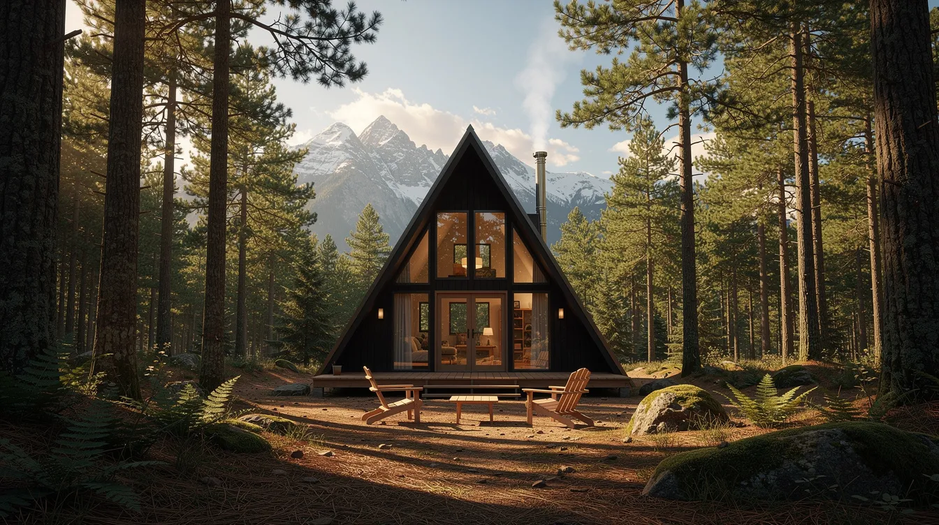 A cozy A-frame cabin, featuring a steeply pitched roof and large floor-to-ceiling windows, is nestled in a lush pine forest with majestic mountains in the background. This stylish tiny house exemplifies modern living, blending seamlessly with its natural surroundings and offering a perfect vacation home for nature enthusiasts.