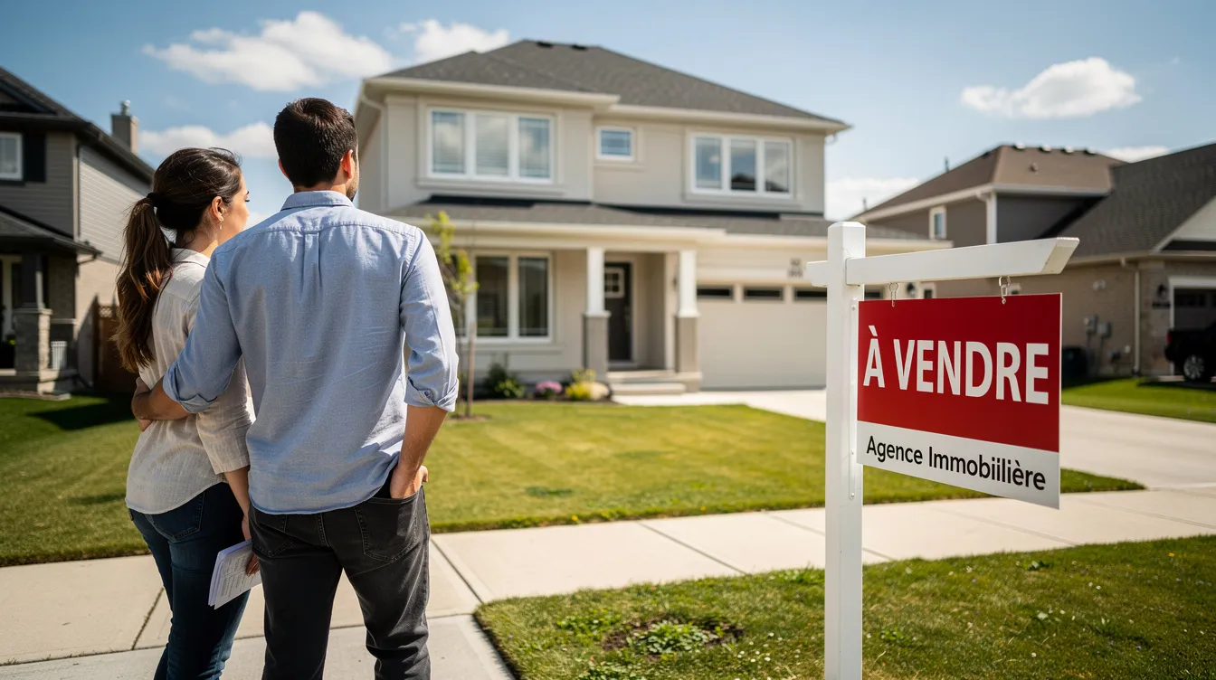 Un jeune couple observe l'extérieur d'une maison à vendre, avec un panneau d'affichage dans la cour. Ils semblent enthousiastes, envisageant l'achat d'une maison qui pourrait réaliser leur rêve d'habitation.