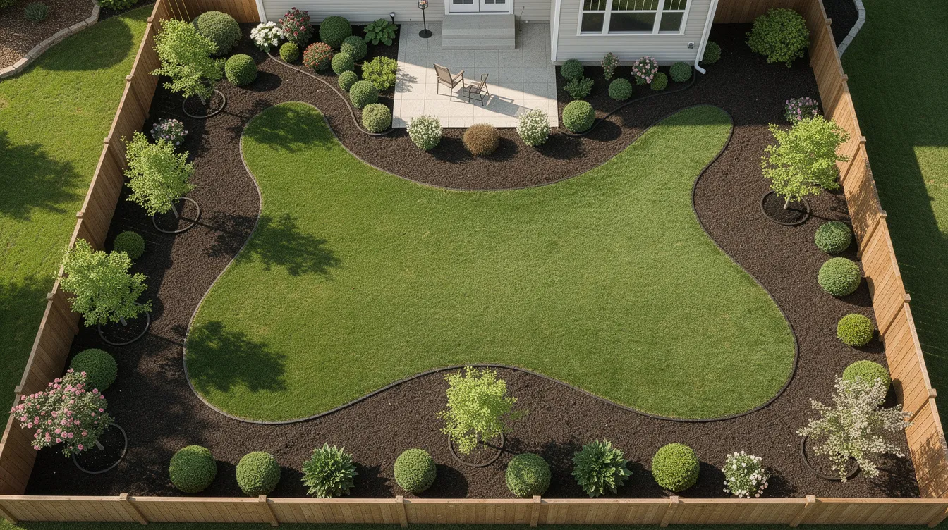 An overhead view showcases a beautifully landscaped suburban backyard, featuring fresh dark mulch spread in curved garden beds around healthy shrubs and small trees. The mulch helps protect the soil, retains moisture, and suppresses weed growth, creating an aesthetically pleasing environment for the plants.