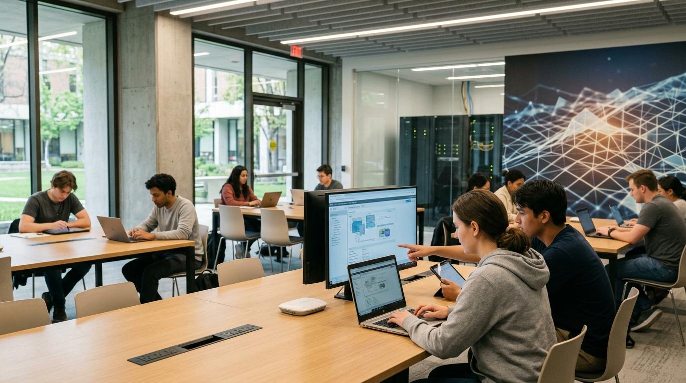 Modern university replacing traditional computer labs with cloud-based virtual desktops and scalable virtual labs, students accessing resources from laptops and tablets while institutions save infrastructure costs.