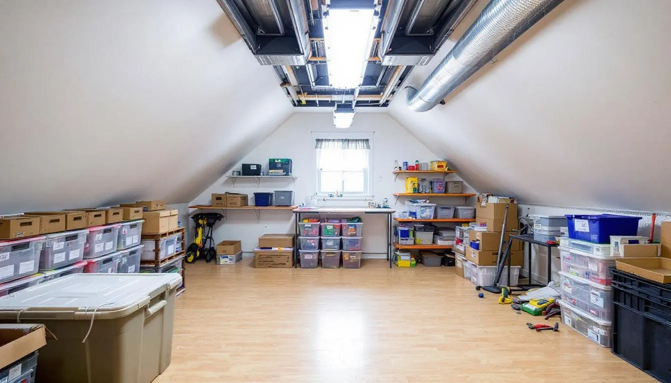 A well-organized attic storage space features proper lighting and ventilation systems, showcasing neatly arranged stored items and clean floors, ideal for efficient attic cleanup and energy efficiency. This clean attic environment minimizes potential hazards and enhances airflow, making it a safe and functional area.