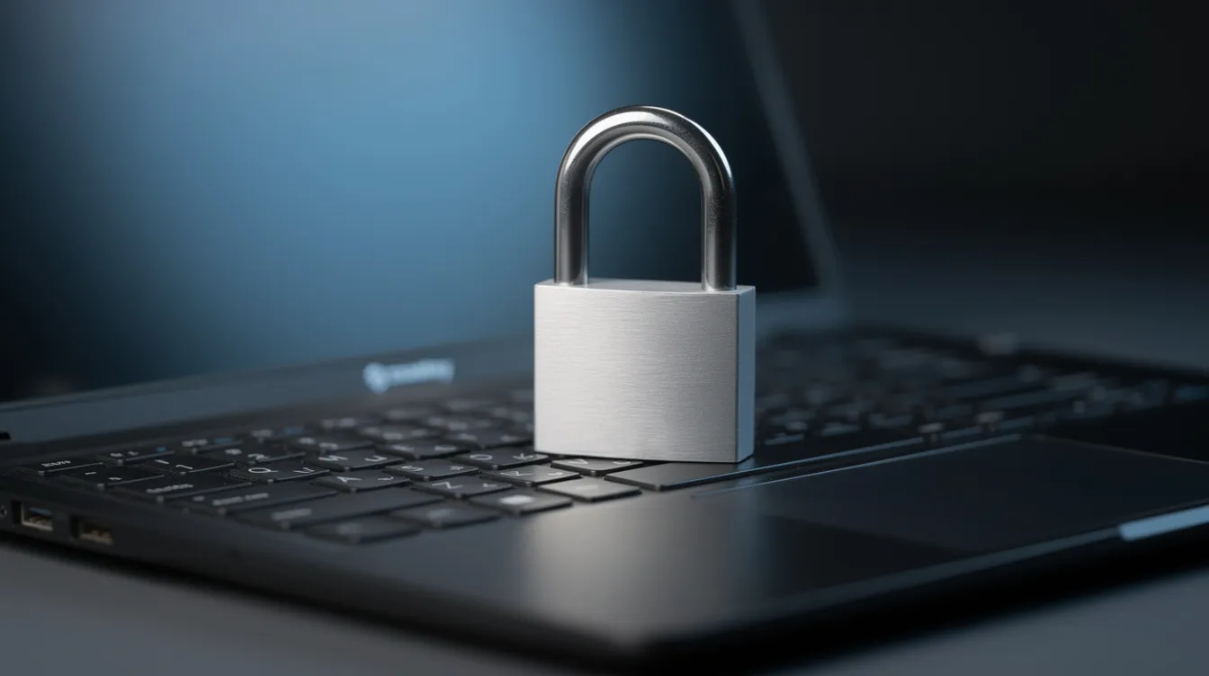 The image depicts a padlock placed on a laptop keyboard, symbolizing the importance of digital security in protecting business data. This visual representation highlights the need for advanced security features and device management capabilities, essential for safeguarding sensitive information in a digital workspace.