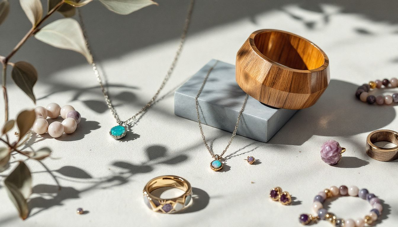 A selection of jewelry from featured sustainable jewelry brands.