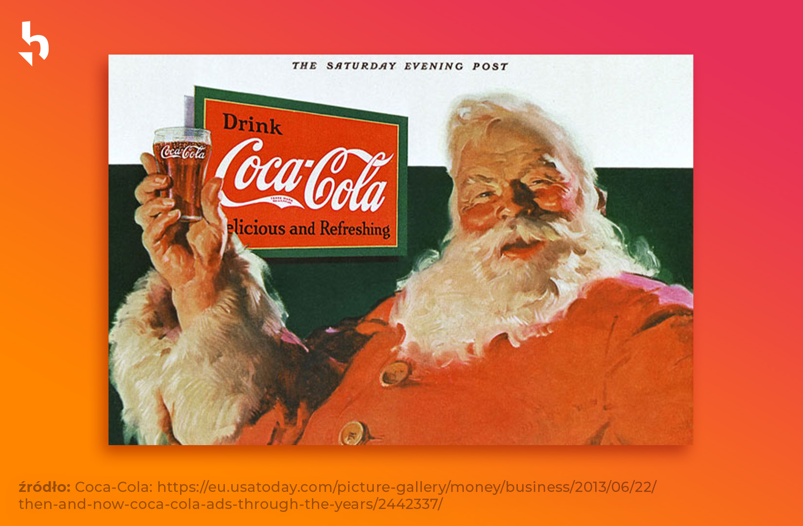 Coca cola dąży do zwiększenia świadomości marki wykorzystując brand hero - w postaci Św. Mikołaja