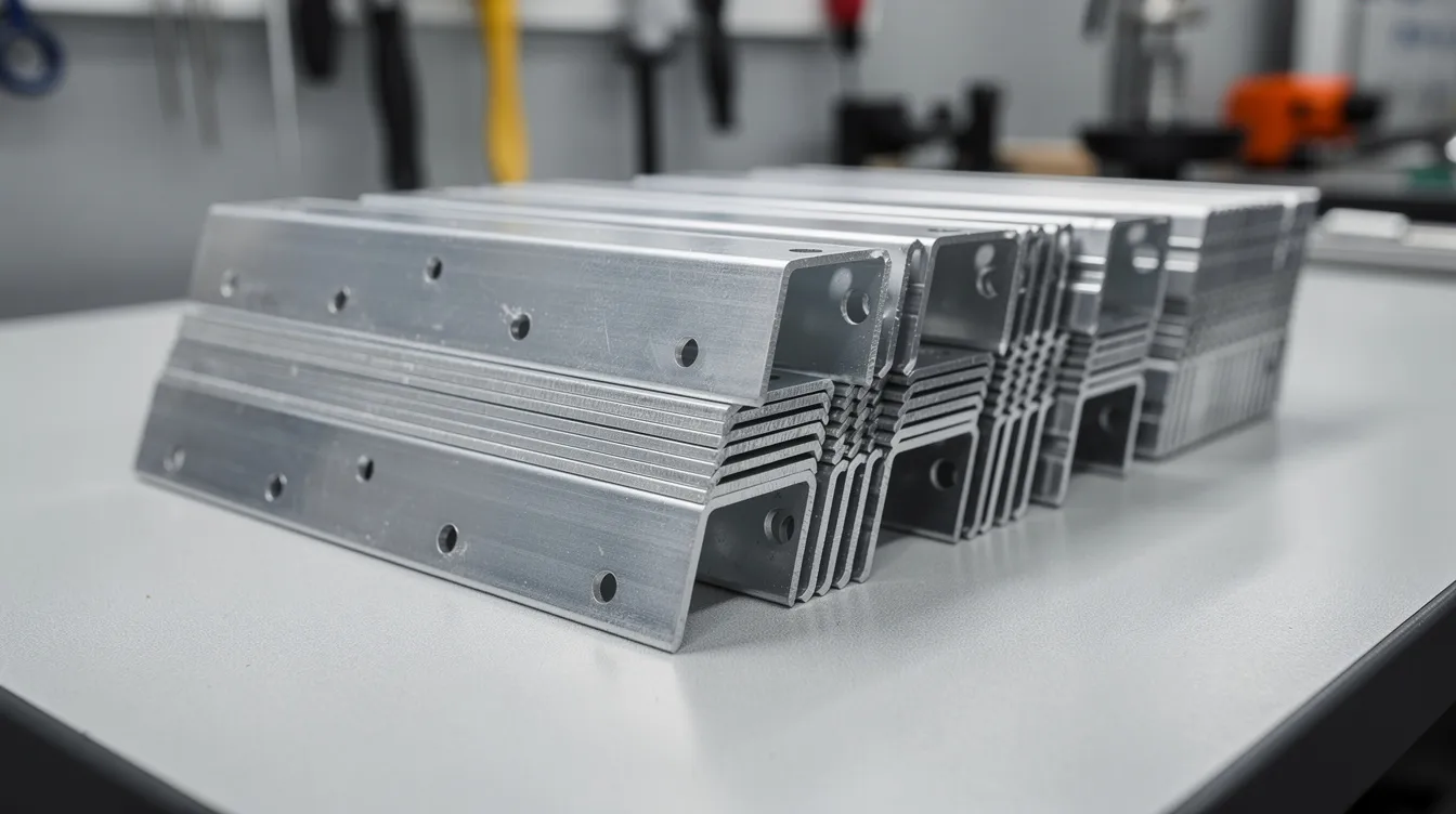 The image features neatly stacked aluminum sheet metal brackets on a factory workbench, showcasing the precision and organization typical in custom sheet metal fabrication. This setting highlights the importance of quality control and efficient production processes in metal fabrication companies.