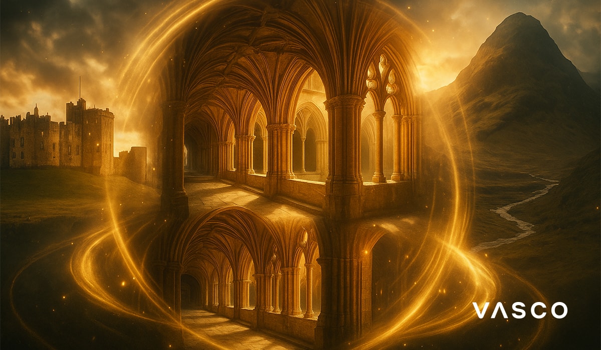 Une arche en pierre ornée et lumineuse, encadrée par un orbe doré magique, se dresse devant un château médiéval et des collines sous un ciel dramatique.