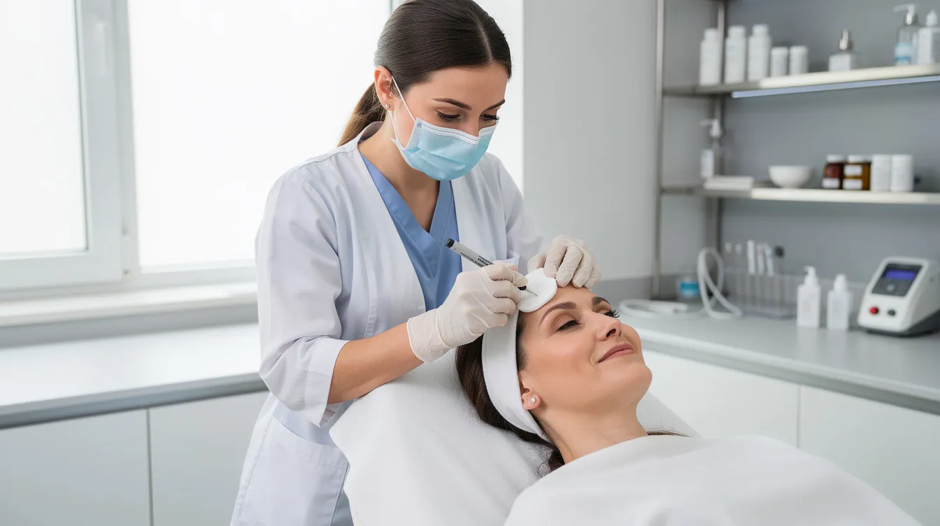 Un profesional de medicina estética se encuentra en una clínica moderna, preparando una zona de tratamiento facial para eliminar la papada sin cirugía. En la imagen se pueden observar instrumentos y productos que se utilizarán en el procedimiento, enfocados en reducir la grasa localizada en el mentón y mejorar la firmeza de la piel.