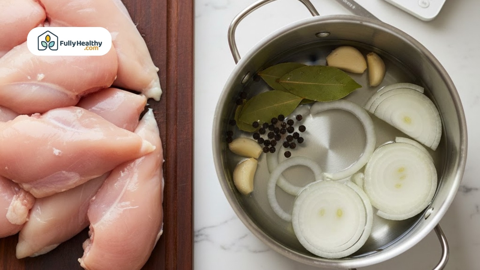Raw chicken breasts beside pot of water with onions garlic pepper and bay leaves