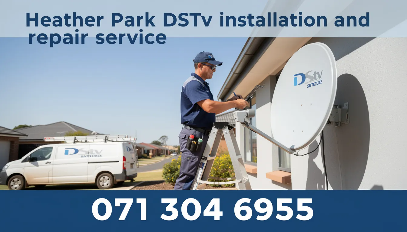 The image showcases a professional DStv installation service in Heather Park, featuring a satellite dish being mounted on a wall, with tools and equipment nearby. The service includes options for DStv decoder upgrades, installations for multiple TVs, and quick response for repairs, ensuring quality service and transparent pricing for customers.