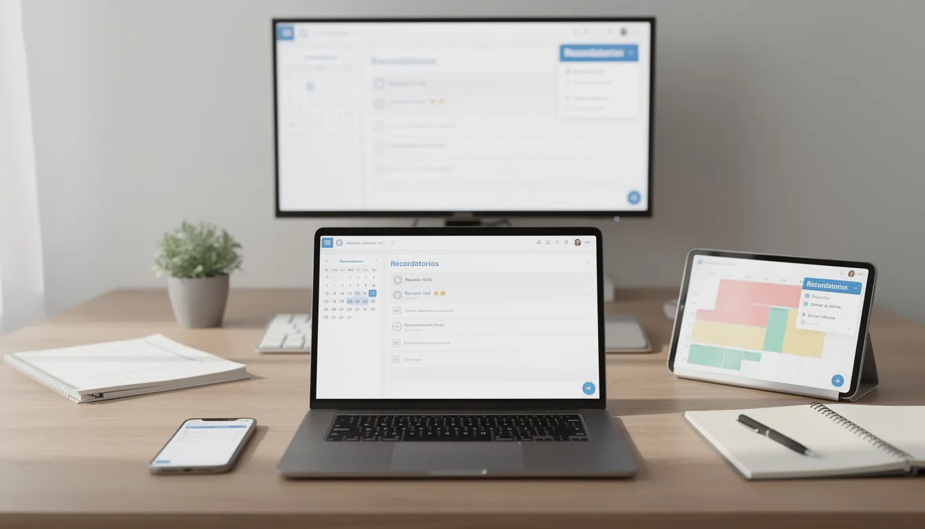 Imagen de un espacio de trabajo moderno con múltiples dispositivos sincronizados, mostrando recordatorios inteligentes y notificaciones en una pantalla. Se pueden ver aplicaciones de calendario y tareas organizadas, destacando cómo la inteligencia artificial ayuda al usuario en la gestión de su productividad y organización diaria.
