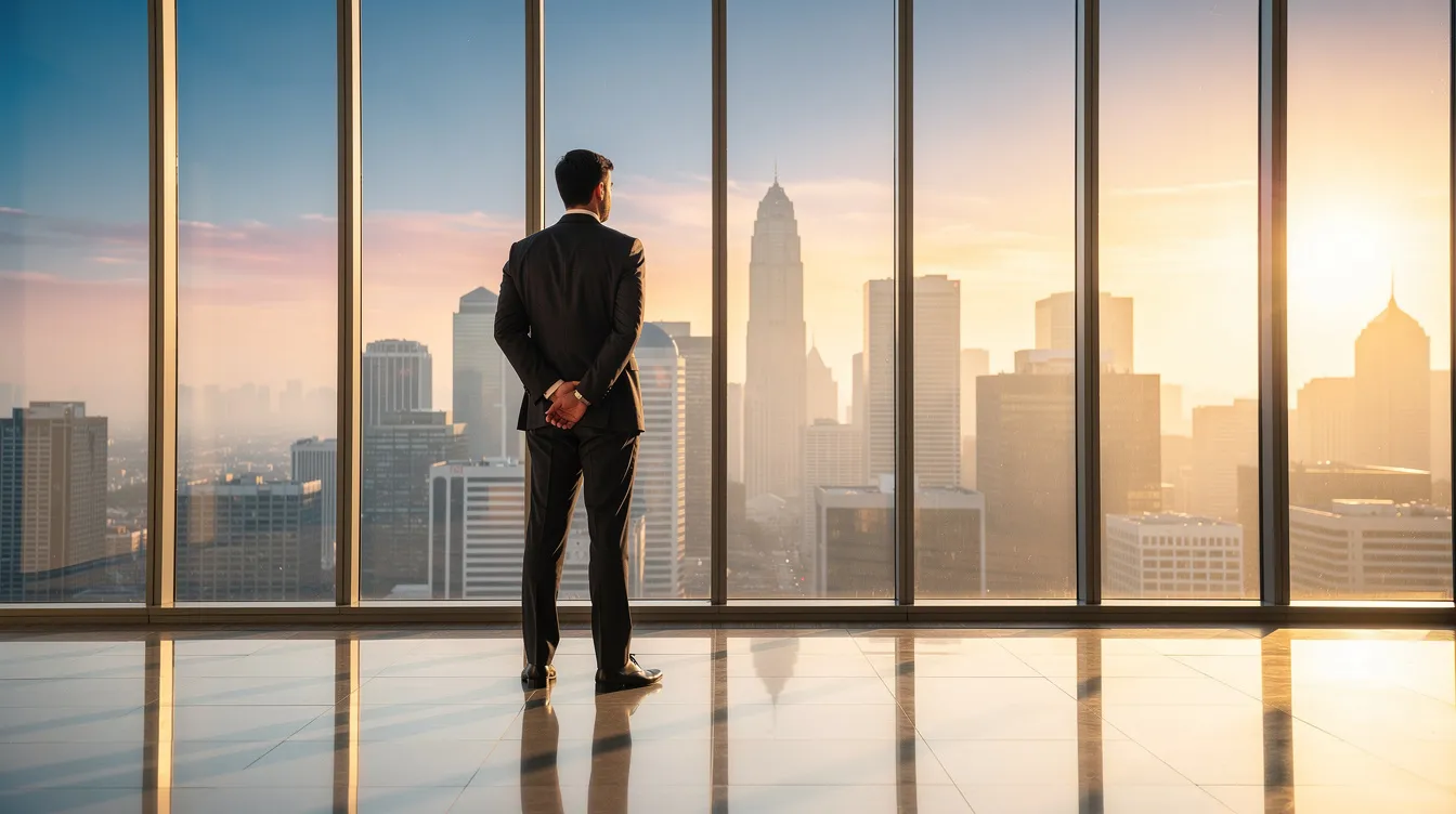 Un dirigeant se tient debout devant une grande baie vitrée, contemplant le paysage urbain au lever du soleil, symbolisant une posture réflexive et calme. Cette image évoque la force et le leadership d'un bon leader, prêt à prendre des décisions éclairées pour son équipe et son entreprise.
