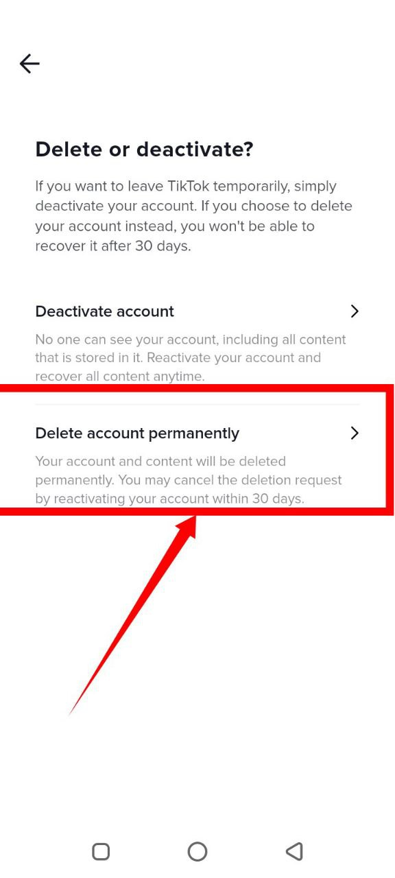 Screenshot showing the delete account permanently option