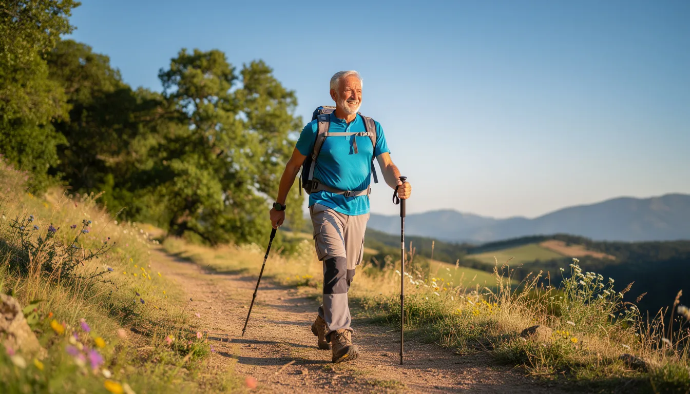 An active older adult is hiking on a sunny trail surrounded by nature, showcasing the importance of physical activity in promoting healthy aging and overall well-being. This image represents the vitality associated with maintaining energy levels and cellular health as part of a lifestyle that supports NAD production and metabolic health.