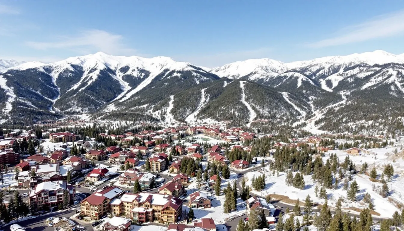 An aerial view of Brian Head Resort showcases various ski-in/ski-out properties conveniently located near the slopes, ideal for families looking to enjoy skiing in southern Utah. The image highlights the resort's great location and amenities, making it a perfect destination for a weekend getaway.