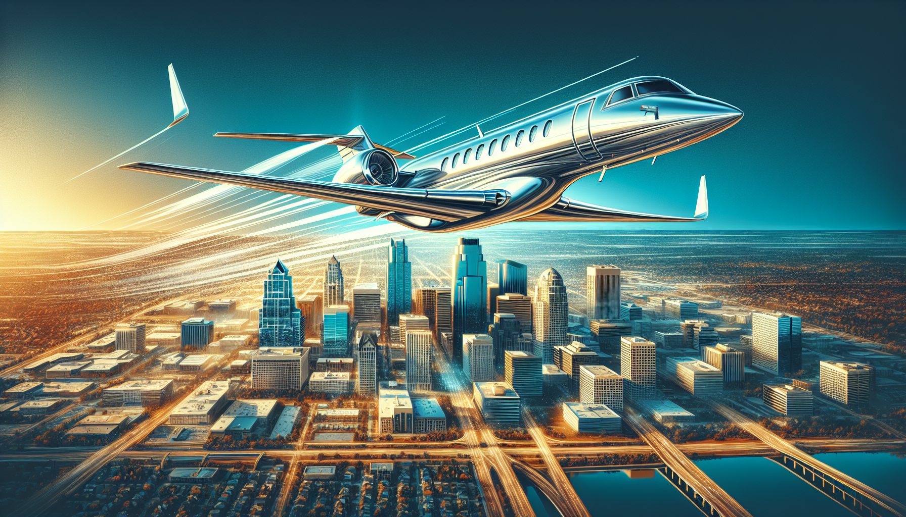 Illustration of a private jet flying over the city of Olathe Kansas