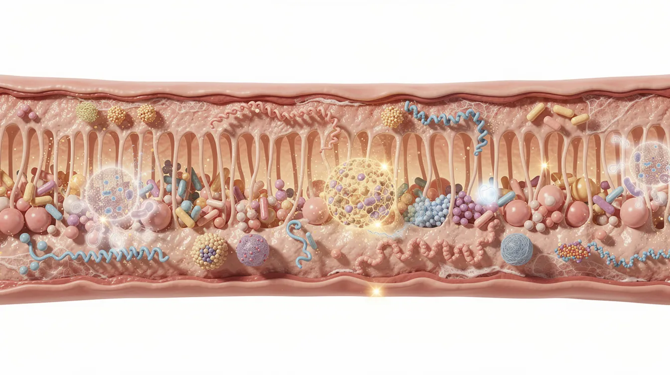 The illustration depicts a vibrant and diverse community of bacterial colonies within a healthy human intestine, highlighting the complex gut microbiota composition essential for digestion and overall health. These gut microbes play a crucial role in producing short-chain fatty acids and supporting the gut barrier, contributing to healthy aging and immunity.