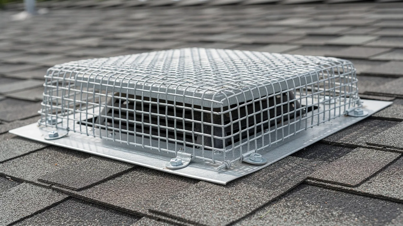 The image shows a close-up view of galvanized steel mesh securely fastened over a roof vent on a residential home, with shingles visible in the background. This protective mesh helps prevent entry by squirrels and other wildlife, ensuring that common squirrel problems, such as nesting in vents, are minimized.