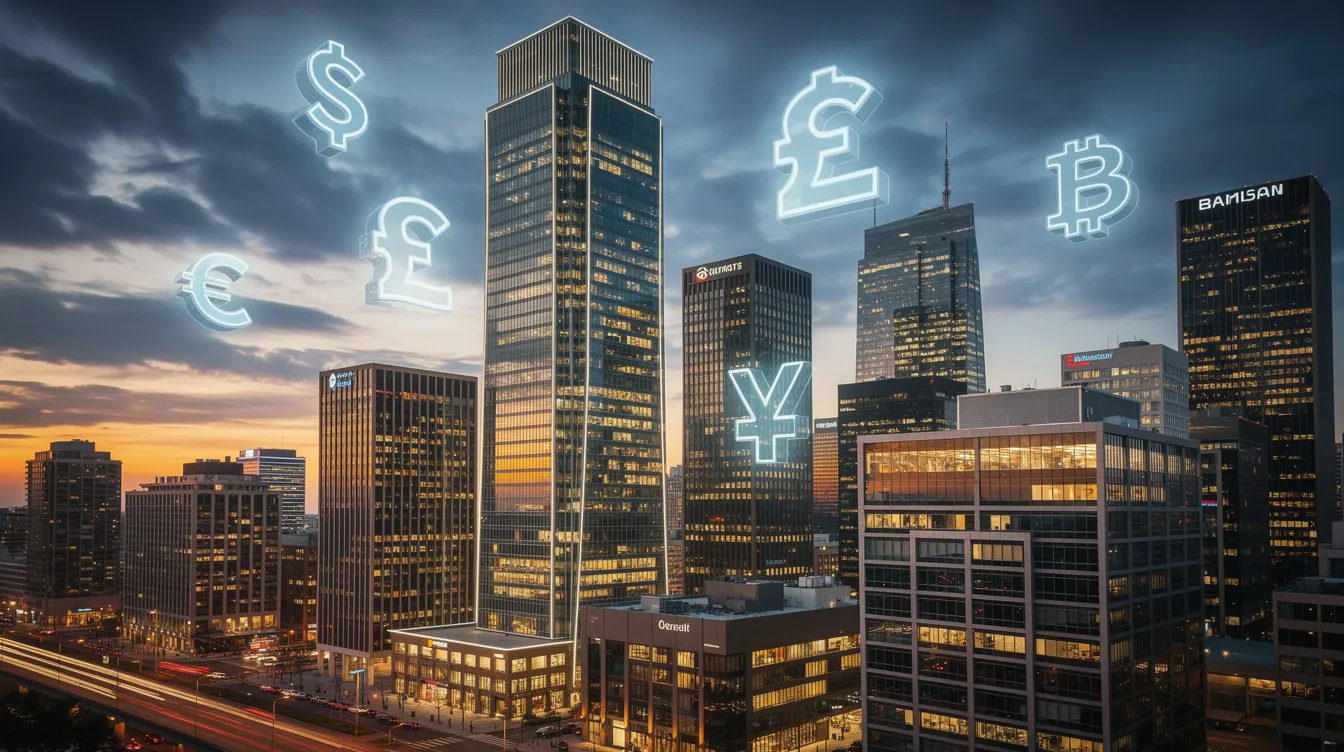 The image depicts a vibrant city skyline featuring tall banking district buildings, with various currency symbols floating in the air, representing international money transfer and remittances. This scene highlights the financial hub's role in facilitating secure and convenient transactions for customers, including services like SBM Bank India and the liberalised remittance scheme.