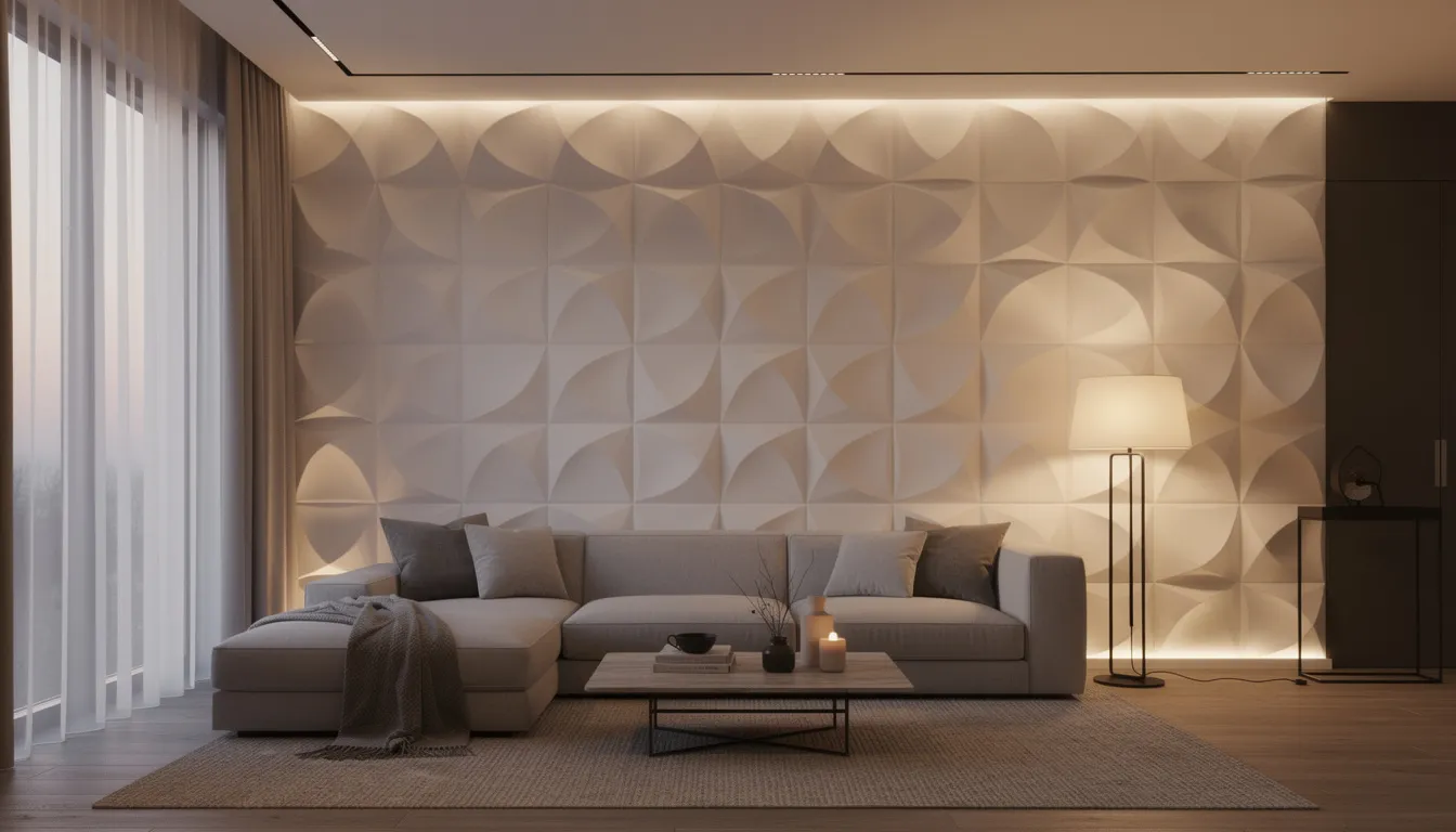 Een moderne woonkamer met luxe 3D wandpanelen in een diepte gefragmenteerd design, geplaatst achter een stijlvolle designbank. De strakke afwerking en sfeerverlichting creëren een warme ambiance, terwijl de akoestische eigenschappen van de wandpanelen bijdragen aan het comfort van de ruimte.
