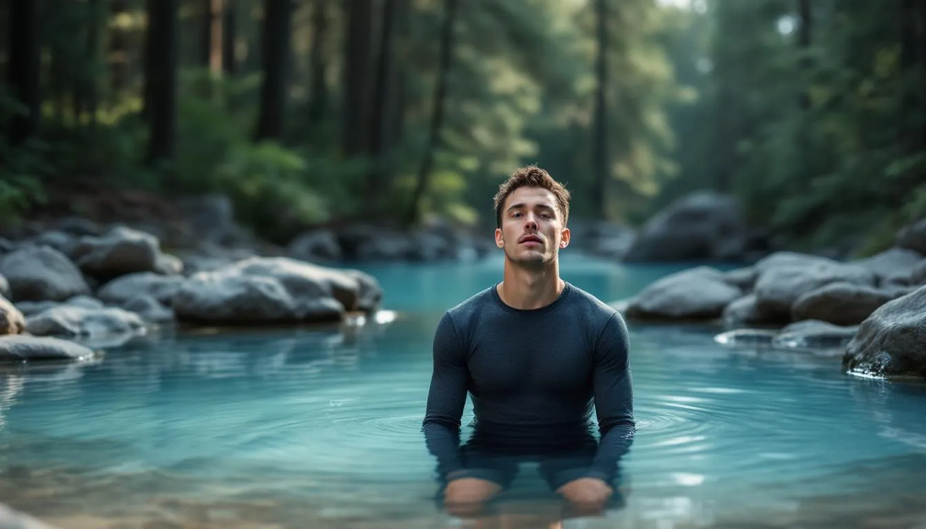 The image depicts individuals engaging in cold plunges while practicing various breathing techniques, emphasizing the health benefits of cold water exposure. This activity promotes improved circulation and cold adaptation, helping the body adjust to colder temperatures and enhance overall cardiovascular health.